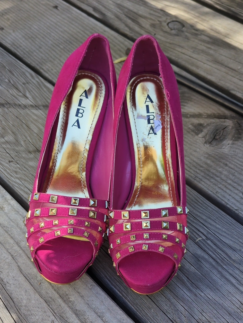 Alba Fuchsia Peep-Toe Heels with Gold Stud Accents